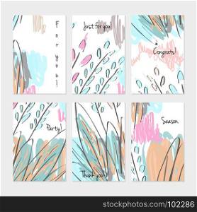 Abstract trees and buses on marker brush.Hand drawn creative invitation or greeting cards template. Anniversary, Birthday, wedding, party, social media banners set of 6. Isolated on layer.