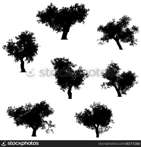 Abstract trees silhouette with leaves isolated on a white background.