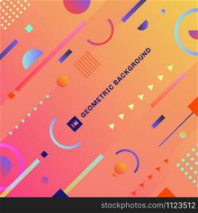 Abstract trendy colorful geometric composition with decorative triangle, circle, square shapes on pink and yellow gradient background. Fashion style. Vector illustration