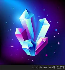Abstract trendy cosmic poster with crystal gems and pyramid geometric shapes. Neon galaxy background. 80s style. Poster with geometric polygon pyramid or crystal. Vector illustration. Abstract trendy cosmic poster with crystal gems and pyramid geometric shapes in space. Neon galaxy background. 80s style. Poster with geometric polygon pyramid or crystal. Vector illustration.