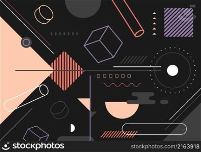 Abstract trendy elements simple 3D geometric forms pattern on black background. Vector graphic illustration