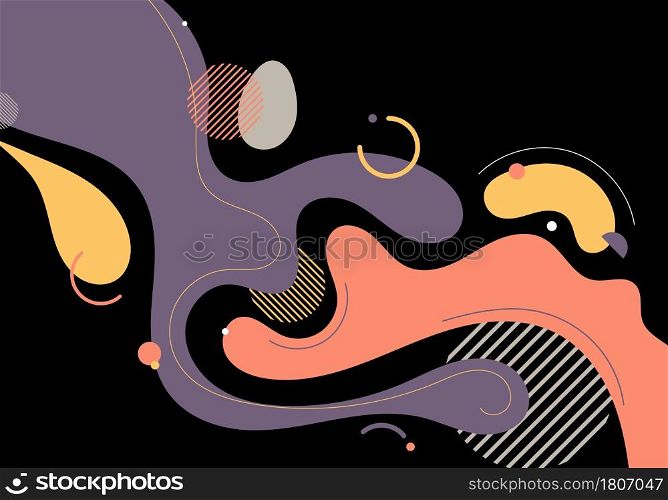 Abstract trendy organic shape composition amorphous forms and lines with circles geometric elements on black background. Vector illustration