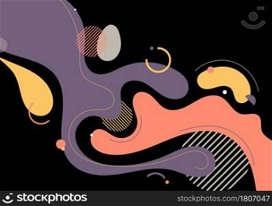 Abstract trendy organic shape composition amorphous forms and lines with circles geometric elements on black background. Vector illustration