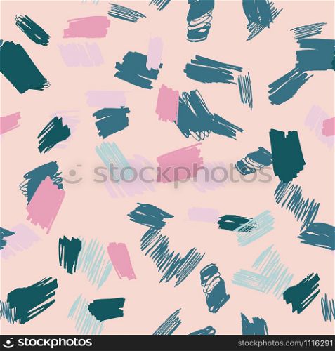 Abstract trendy seamless pattern with hand drawn textures, colorful background. Pink and teal shapes or blots. Design for wrapping paper, wallpaper, fabric print, backdrop. Vector illustration.. Abstract pink and teal seamless pattern with hand drawn textures, colorful background.