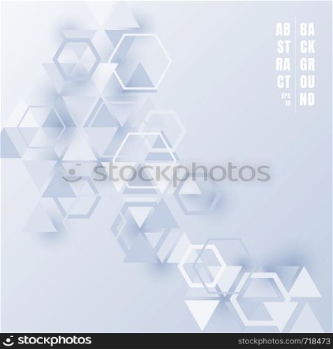 Abstract triangles and hexagons light blue color with shadow on white background. Geometric pattern futuristic technology style for business tech presentations. Vector illustration