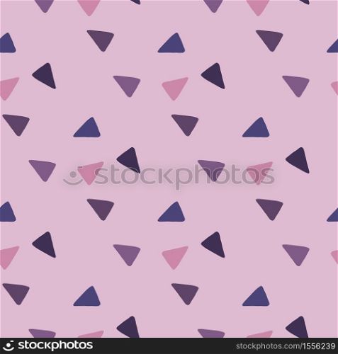 Abstract triangles seamless pattern. Purple and navy blue elements on lilac background. Simple backdrop. Decorative backdrop for fabric design, textile print, wrapping. Vector illustration. Abstract triangles seamless pattern. Purple and navy blue elements on lilac background. Simple backdrop.