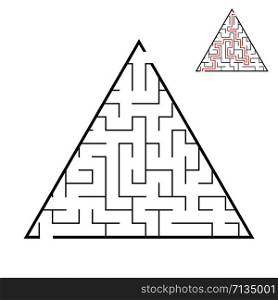 Abstract triangular labyrinth. Game for kids. Puzzle for children. One entrance, one exit. Labyrinth conundrum. Flat vector illustration isolated on white background. With answer. Abstract triangular labyrinth. Game for kids. Puzzle for children. One entrance, one exit. Labyrinth conundrum. Flat vector illustration isolated on white background. With answer.