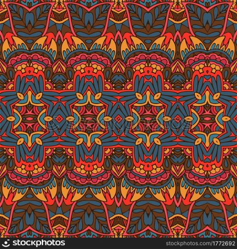 Abstract Tribal vintage indian textile ethnic seamless pattern ornamental. Vector colorful geomertric art background. Ethnic tribal festive pattern for fabric. Abstract geometric colorful seamless pattern ornamental.
