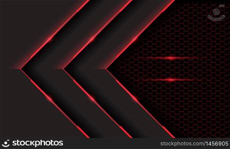 Abstract triple red grey cyber light arrow direction on dark hexagon mesh pattern design modern futuristic technology background vector illustration.