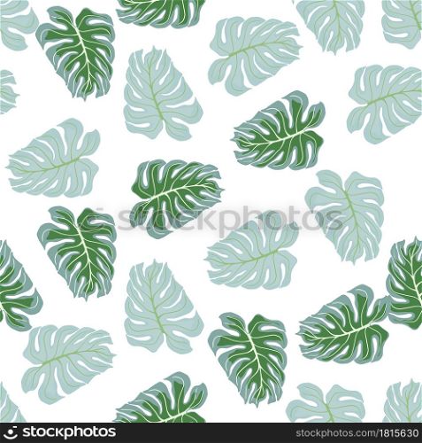 Abstract tropic nature seamless pattern with green and blue random monstera leaf print. Isolated artwork. Decorative backdrop for fabric design, textile print, wrapping, cover. Vector illustration.. Abstract tropic nature seamless pattern with green and blue random monstera leaf print. Isolated artwork.
