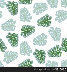 Abstract tropic nature seamless pattern with green and blue random monstera leaf print. Isolated artwork. Decorative backdrop for fabric design, textile print, wrapping, cover. Vector illustration.. Abstract tropic nature seamless pattern with green and blue random monstera leaf print. Isolated artwork.