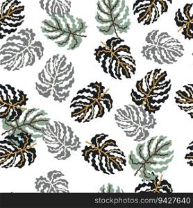 Abstract tropical monstera leaves seamless pattern. Jungle palm leaf decorative backdrop. Design for printing, textile, fabric, fashion, interior, wrapping paper. Vector illustration. Abstract tropical monstera leaves seamless pattern. Jungle palm leaf decorative backdrop.