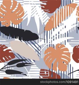 Abstract tropical pattern with exotic palm leaves. Botanical leaf and geometric shapes wallpaper. Design for printing, textile, fabric, fashion, interior, wrapping paper. Vector illustration. Abstract tropical pattern with exotic palm leaves. Botanical leaf