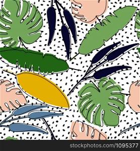 Abstract tropical pattern with exotic palm leaves on dots background. Design for printing, textile, fabric, fashion, interior, wrapping paper. Vector illustration. Abstract tropical pattern with exotic palm leaves on dots background.
