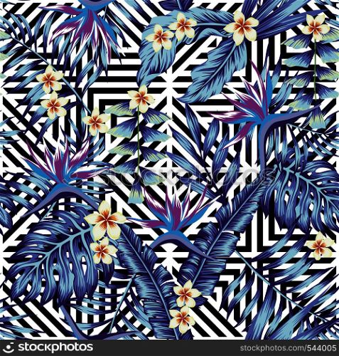Abstract tropical plants and flowers seamless vector pattern blue style geometric black white background