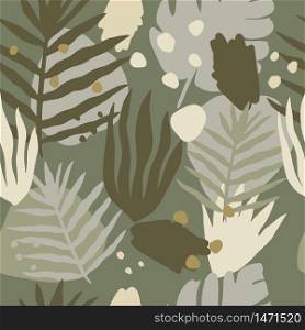 Abstract tropical plants seamless pattern. Contemporary exotic jungle wallpaper in collage style. Design for fabric, textile print, wrapping paper, cover. Modern vector illustration. Abstract tropical plants seamless pattern. Contemporary exotic jungle wallpaper in collage style. D