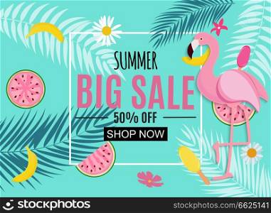 Abstract Tropical Summer Sale Background with Flamingo and Leaves. Vector Illustration EPS10. Abstract Tropical Summer Sale Background with Flamingo and Leaves. Vector Illustration