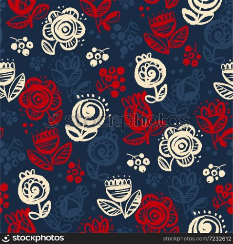 Abstract tulip and roses folk style seamless pattern for background, wrap, fabric, textile, wrap, surface, web and print design. Decorative rustic floral fabric repeatable motif
