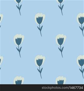Abstract tulip flowers seamless pattern on blue background. Cute small flower endless wallpaper. Floral backdrop. Design for fabric, textile print, wrapping paper, cover. Vector illustration. Abstract tulip flowers seamless pattern on blue background. Cute small flower endless wallpaper.