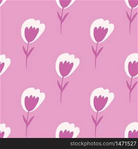 Abstract tulip flowers seamless pattern on pink background. Small flower endless wallpaper. Floral backdrop. Design for fabric, textile print, wrapping paper, cover. Vector illustration. Abstract tulip flowers seamless pattern on pink background. Small flower endless wallpaper. Floral backdrop.