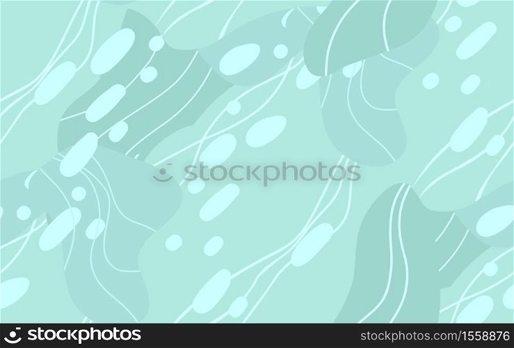 Abstract turquoise modern seamless pattern with color blobs and wavy lines and dots. Flat vector background for wallpapers, fabrics and your creativity. Abstract turquoise modern seamless pattern with color blobs and wavy lines and dots. Flat vector background