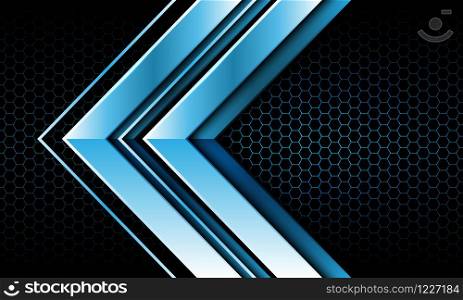 Abstract twin blue arrow glossy metal direction on dark hexagon mesh pattern design modern futuristic background vector illustration.