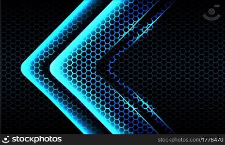Abstract twin blue light neon arrow glossy direction on dark hexagon mesh pattern design modern futuristic background vector illustration.