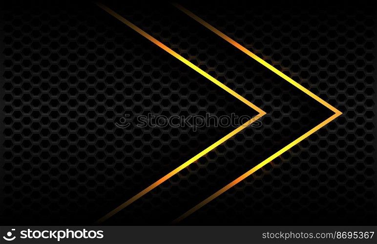 Abstract twin gold metallic arrow shadow direction geometric dark grey hexagon mesh design modern futuristic background vector illustration.