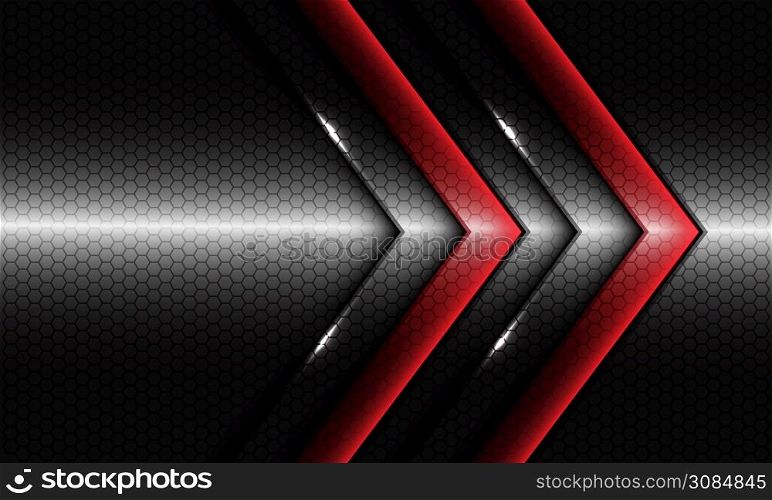 Abstract twin red glossy arrow direction on silver dark hexagon mesh pattern design modern luxury futuristic background vector illustration.