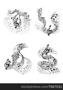 Abstract twisted musical compositions design with music waves, notes and treble clef