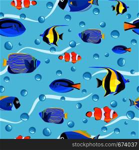 Abstract undersea seamless pattern. Kids background. Fish underwater with bubbles. Pattern of fish for textile fabric or book covers, wallpapers, design, graphic art, wrapping. Abstract undersea seamless pattern. Kids vector background.