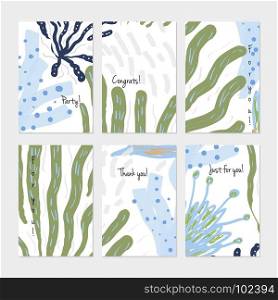 Abstract underwater seaweed dotted.Hand drawn creative invitation or greeting cards template. Anniversary, Birthday, wedding, party, social media banners set of 6. Isolated on layer.
