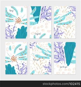 Abstract underwater seaweed dotted.Hand drawn creative invitation or greeting cards template. Anniversary, Birthday, wedding, party, social media banners set of 6. Isolated on layer.