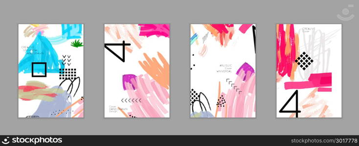 Abstract universal art web header template. Collage made with scribbles, marker, canyon strokes, black geometric shapes, ink drawn splashes. Bright colored isolated on white background cover template.