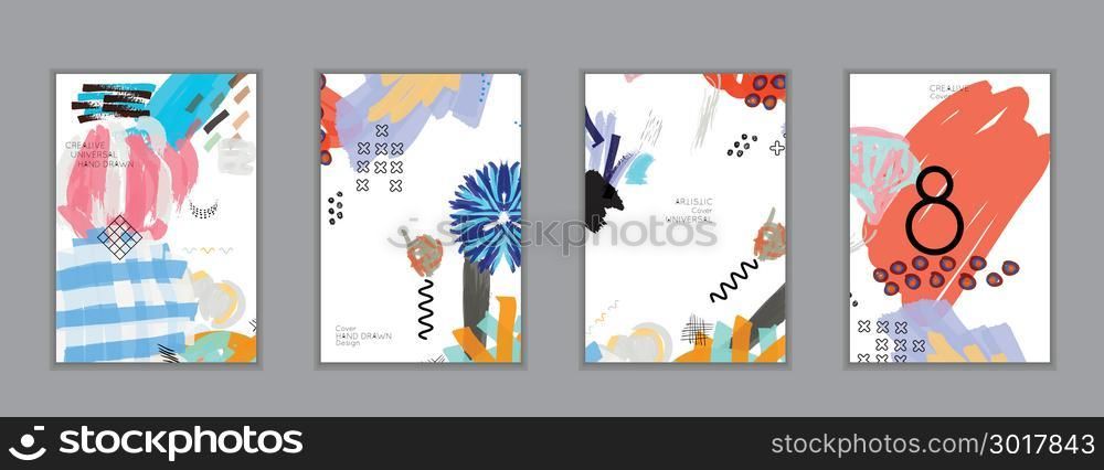 Abstract universal art web header template. Collage made with scribbles, marker, canyon strokes, black geometric shapes, ink drawn splashes. Bright colored isolated on white background cover template.
