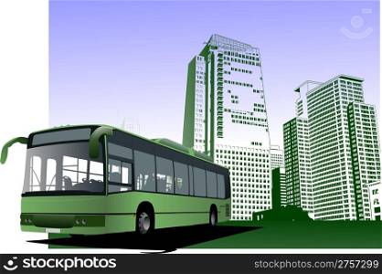 Abstract urban background with city bus image. Vector illustration