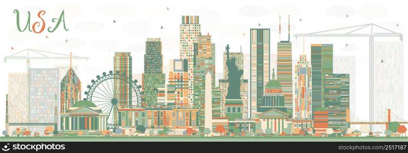 Abstract USA Skyline with Color Skyscrapers and Landmarks. Vector Illustration. Business Travel and Tourism Concept with Modern Architecture. Image for Presentation Banner Placard and Web Site.