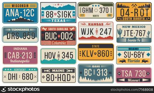 Abstract USA states license plates. Colorful retro car license, number plate templates vector set. Bundle of various vehicle registration signs or automobile identifiers in elegant vintage style.. Abstract USA states license plates. Colorful retro car license, number plate templates vector set