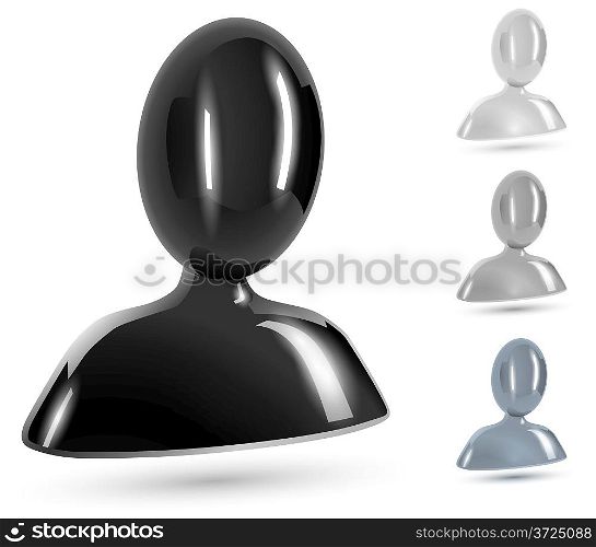 Abstract user black, white and gray glossy icons isolated on white background.
