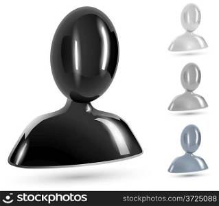 Abstract user black, white and gray glossy icons isolated on white background.