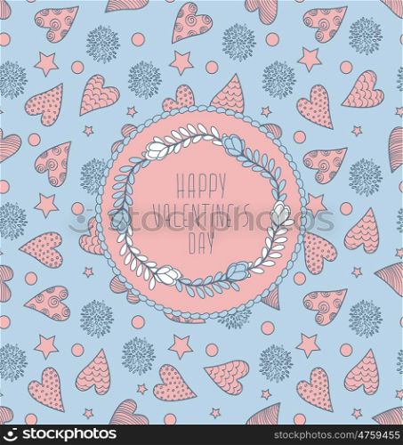 Abstract Valentine's Card With Seamless Cute Pattern With Hearts, Flowers And Stars