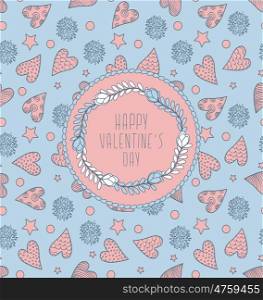 Abstract Valentine's Card With Seamless Cute Pattern With Hearts, Flowers And Stars