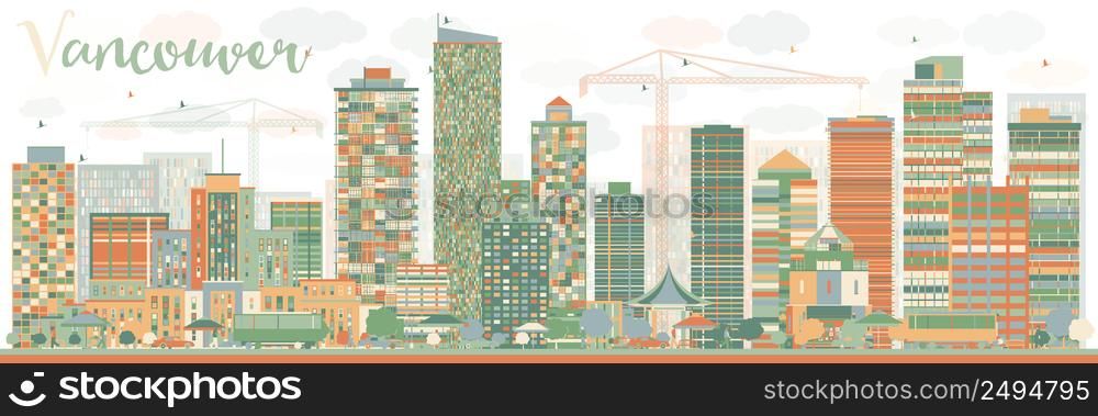 Abstract Vancouver skyline with color landmarks. Vector illustration. Business travel and tourism concept with historic buildings. Image for presentation, banner, placard and web site.