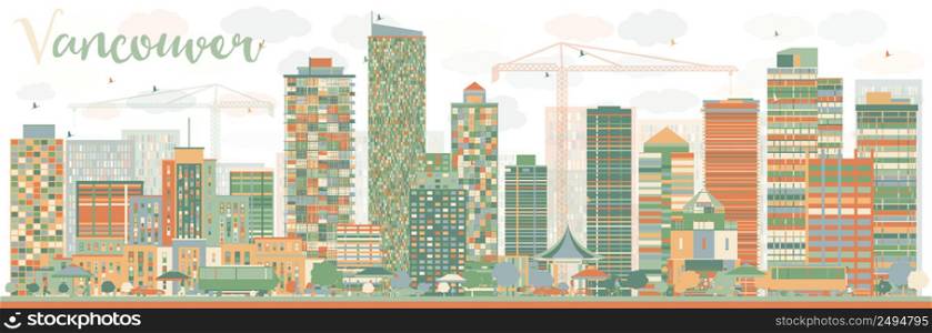 Abstract Vancouver skyline with color landmarks. Vector illustration. Business travel and tourism concept with historic buildings. Image for presentation, banner, placard and web site.
