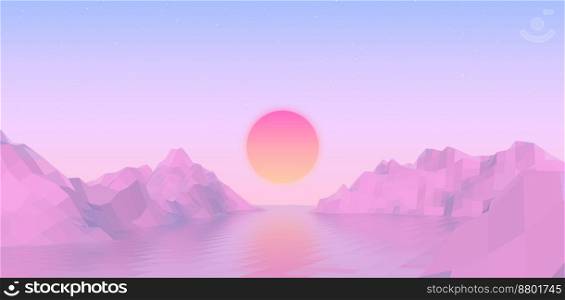 Abstract vaporwave landscape with sun rising over pink mountains and sea on calm soft pink and blue background