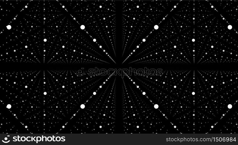 Abstract vector background. Matrix of white points with illusion of depth and perspective. Abstract futuristic space background.