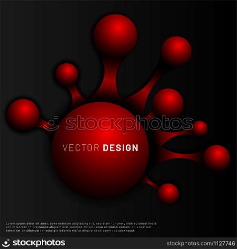Abstract Vector Background. The red 3D ball is interconnected with a black background. molecular illustration design