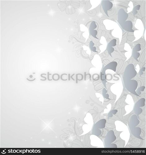 Abstract vector background with butterflies and hand drawn flowers