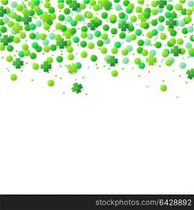 Abstract vector background with green confetti and clover leaves for St. Patrick&rsquo;s Day