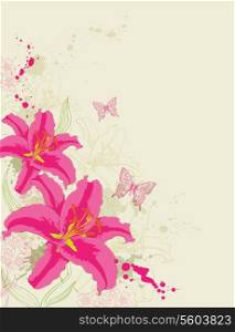Abstract vector background with red flowers and butterflies